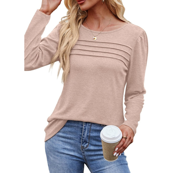 OFEEFAN Long Sleeve Pleated Scoop Neck Tan Tunic Top - Picture 2 of 4